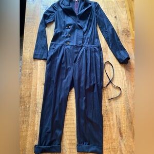 Rachel Roy jumpsuit navy blue pinstripe size 0 double breasted with belt NWOT